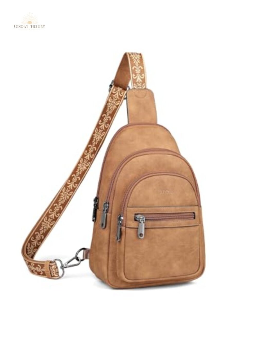 Faux Leather Sling Bag Crossbody Adjustable Strap 3-Zip Compartments 11 Pockets